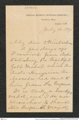 Nachlass Franz Steindachner, Brief von R. Bowllersharpe an Franz Steindachner (16.07.1891), Inv.Nr. 50.02, Seite 1